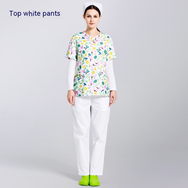 Surgical Gown Printed Polyester Cotton Breathable Short Sleeve Doctor Nurses' Uniform Beauty Salon Split Suit Women's