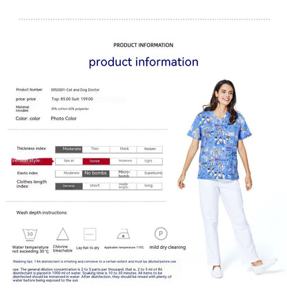 Printed Surgical Gown Polyester Cotton Short Sleeve Doctor Nurses' Uniform Children's Beauty Salon Split Suit