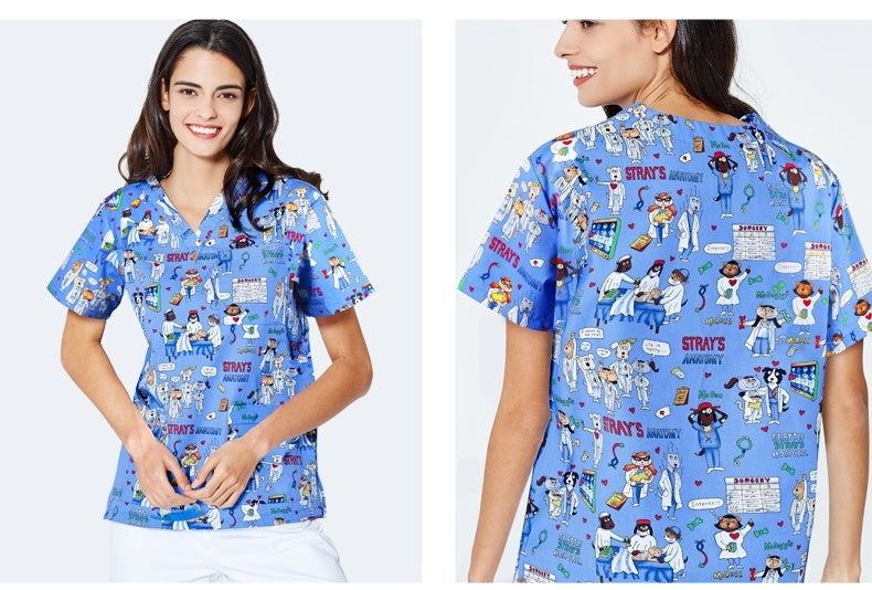 Printed Surgical Gown Polyester Cotton Short Sleeve Doctor Nurses' Uniform Children's Beauty Salon Split Suit