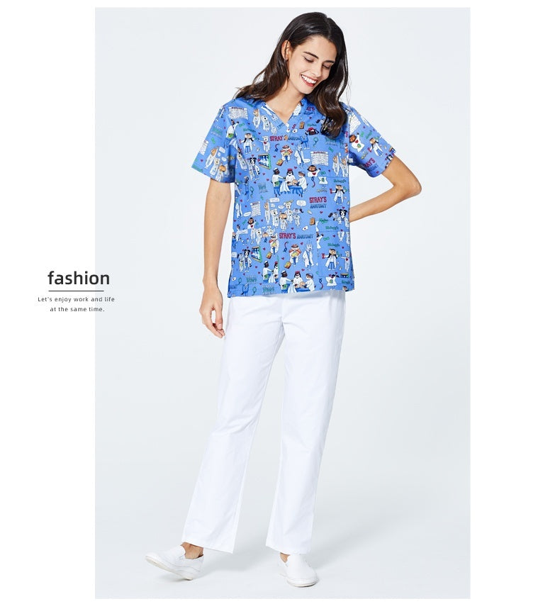 Printed Surgical Gown Polyester Cotton Short Sleeve Doctor Nurses' Uniform Children's Beauty Salon Split Suit