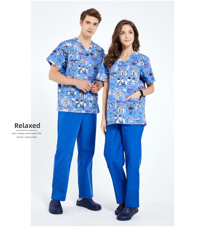 Printed Surgical Gown Polyester Cotton Short Sleeve Doctor Nurses' Uniform Children's Beauty Salon Split Suit