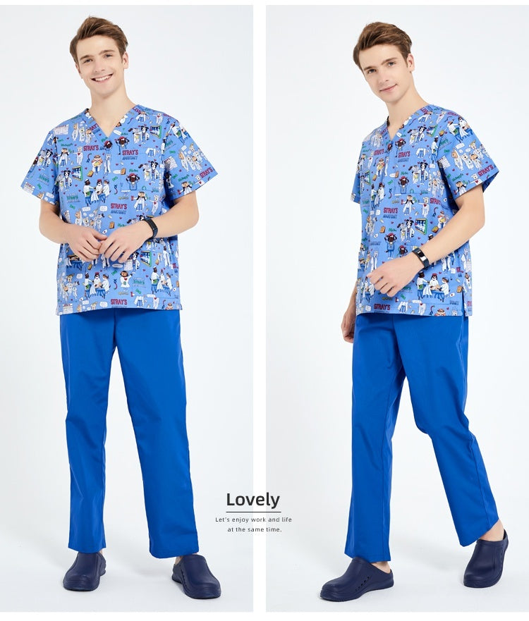 Printed Surgical Gown Polyester Cotton Short Sleeve Doctor Nurses' Uniform Children's Beauty Salon Split Suit