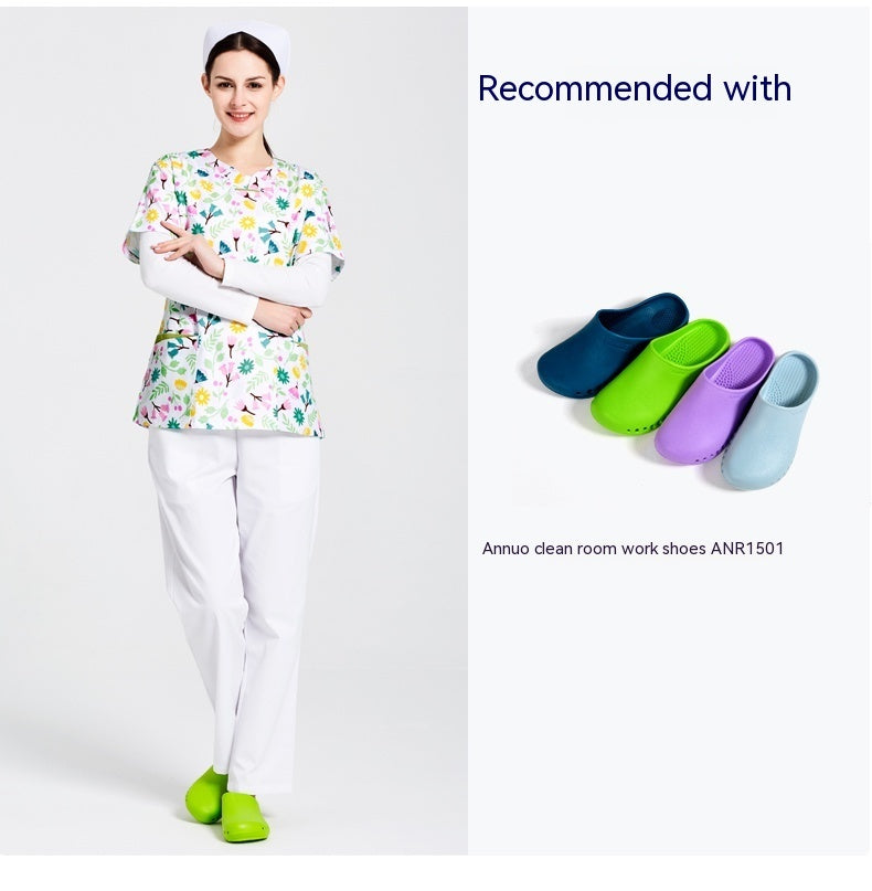 Surgical Gown Printed Polyester Cotton Breathable Short Sleeve Doctor Nurses' Uniform Beauty Salon Split Suit Women's