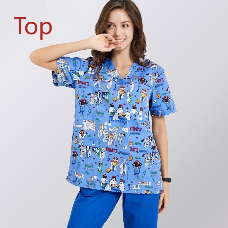 Printed Surgical Gown Polyester Cotton Short Sleeve Doctor Nurses' Uniform Children's Beauty Salon Split Suit