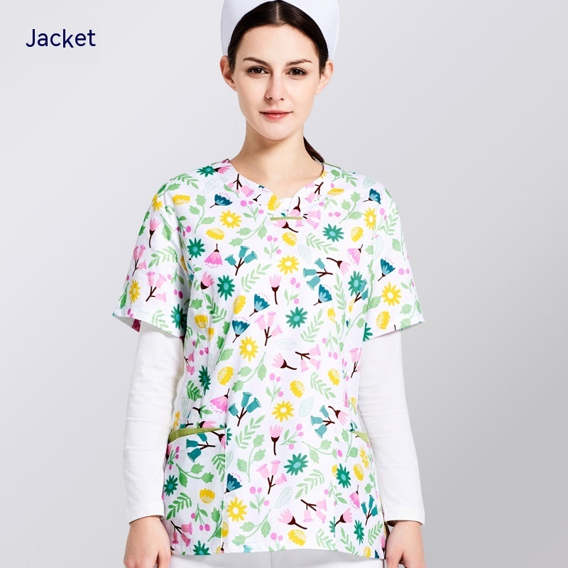 Surgical Gown Printed Polyester Cotton Breathable Short Sleeve Doctor Nurses' Uniform Beauty Salon Split Suit Women's