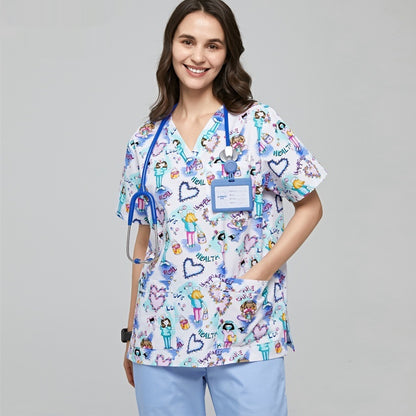 Hand Washing Suit Polyester Cotton Printed Pet Doctor Nurse Work Uniforms